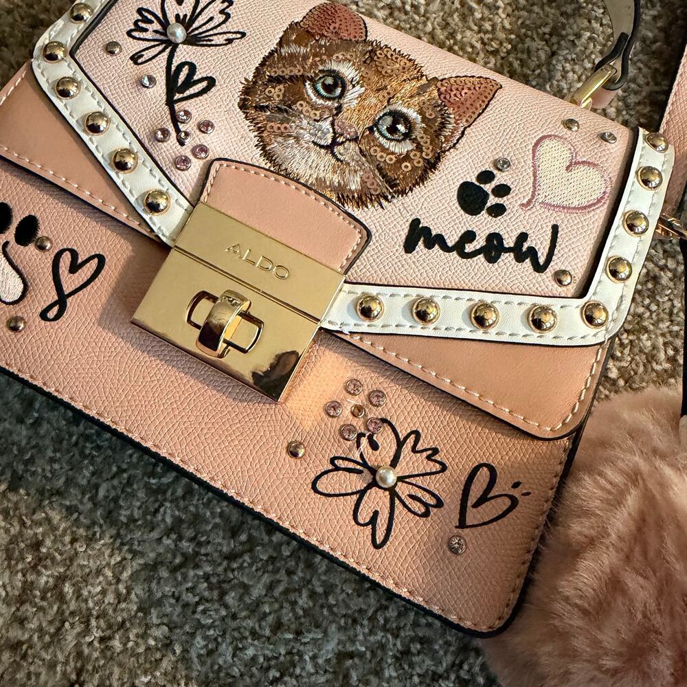ALDO Lilopaw Cat Crossbody Top Handle Purse Pink Sequins RARE - Picture 4 of 8